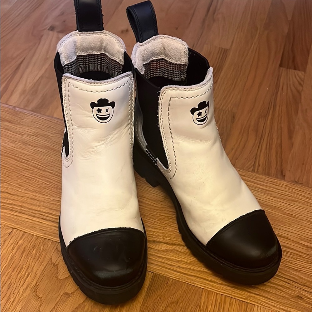 White and Black Ankle Boots with Leather Accents